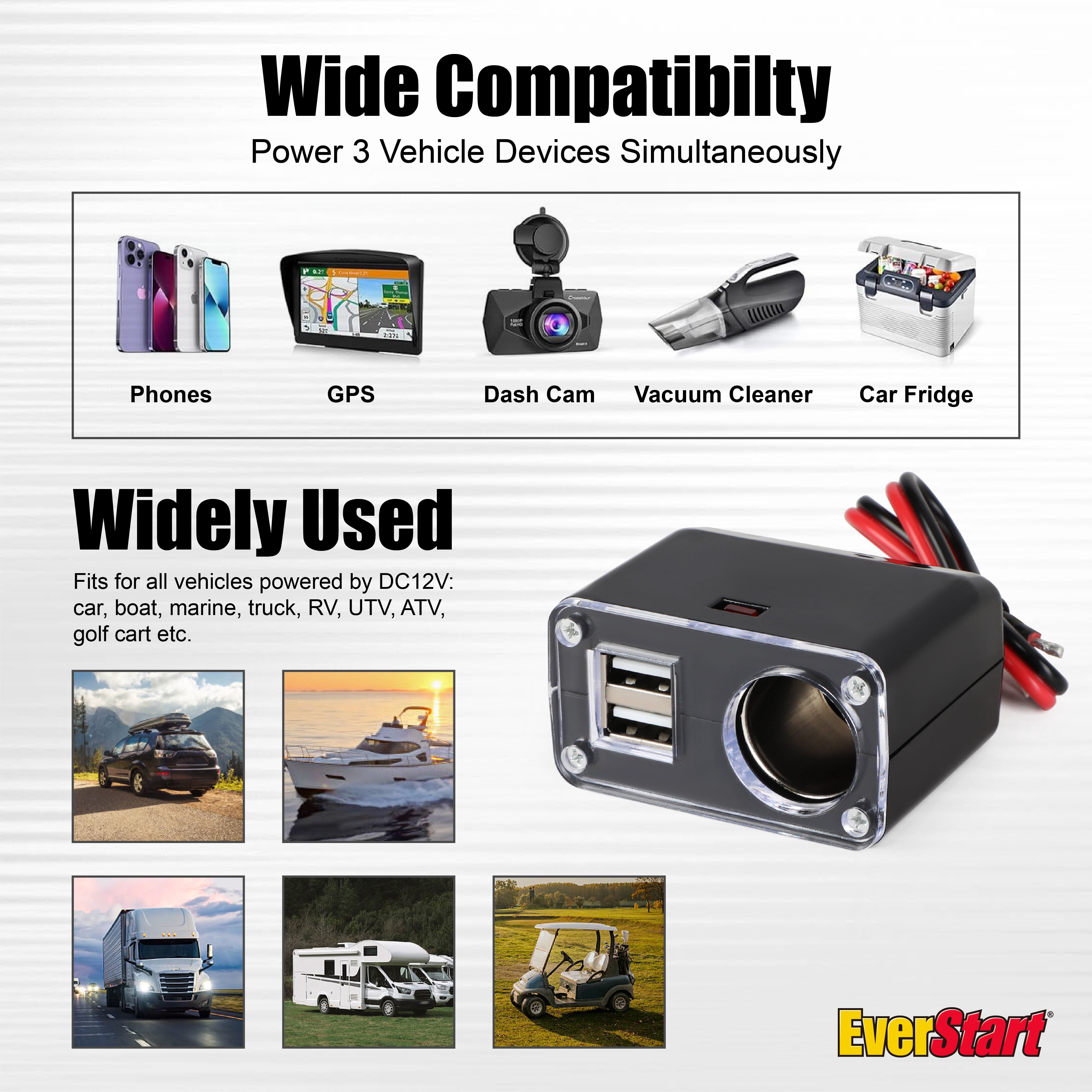 EverStart 12V Dual USB Car Power Adapter with Additional Power Outlet, Easy Installation, Overload Protection, Black