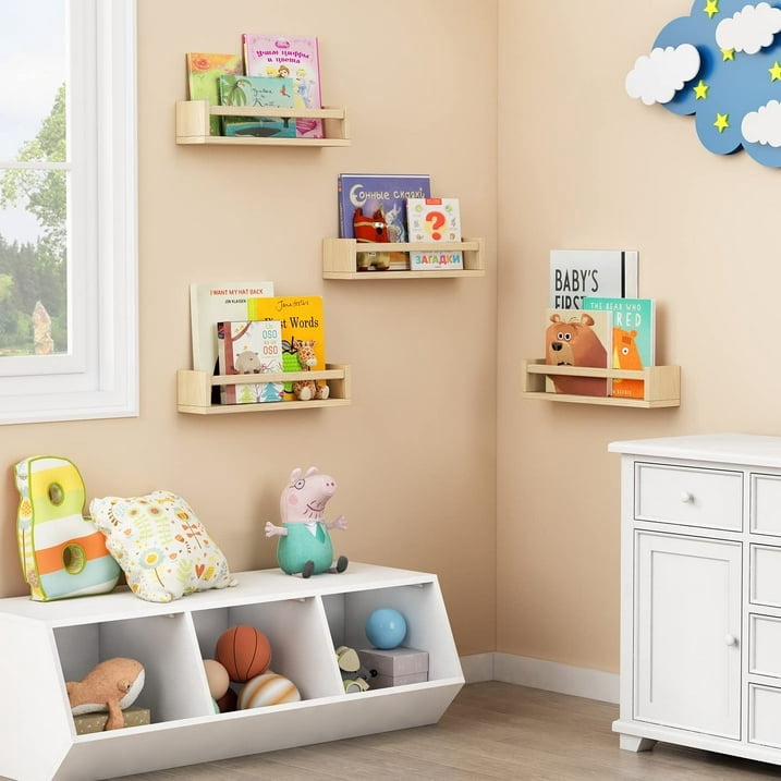 DICEEVIL 4PCS Wood Nursery Book Shelves Wall Mounted, Floating Bookshelf for Kids Room Decor, Toys and Books Storage Organizer Shelves for Child Bedroom Bathroom Kitchen