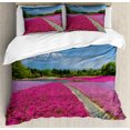 thumbnail image 1 of Fuji Duvet Cover Set Queen Size, Shibazakura Scenery of Flourishing Flowers, 3 Piece Bedding Set with 2 Pillow Shams, Magenta Olive Green Sea Blue and Pale Reseda Green, by Ambesonne, 1 of 3