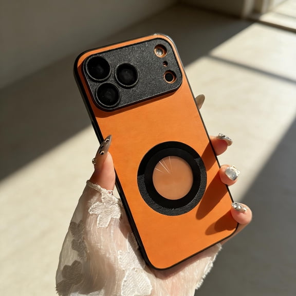 for iPhone 15 Pro Max Magnetic Case, Military Grade Drop Protection, Logo Hollow Design Plain PU Leather Shockproof Hybrid Cover, Compatible with Mag-Safe, Slim Case for iPhone 15 Pro Max, Orange