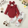 thumbnail image 3 of Newborn Baby Girls Outfits 0-3 Months Baby Girls Long Sleeve Romper Top Floral Pants Headband 3PCS Set Red, 3 of 9