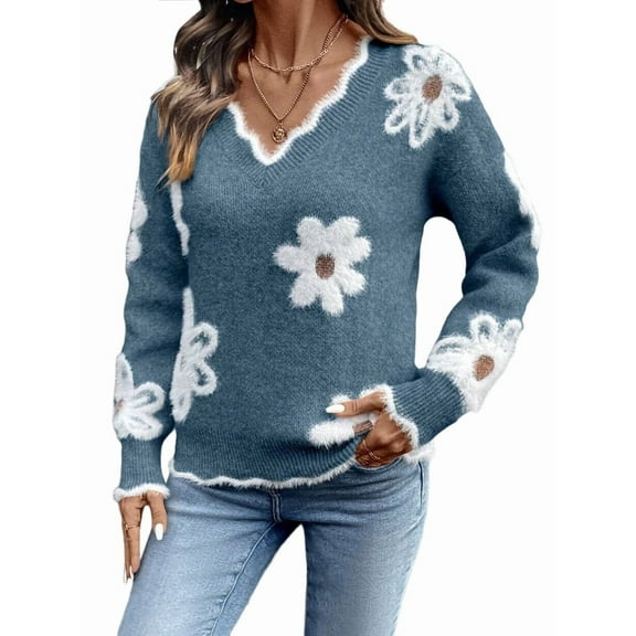 Female Oversized V Neck Fuzzy Sweaters Casual Loose Long Sleeve Chunky Knit Pullover Jumper Tops Aqua Blue M