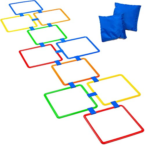 Blue GETMOVIN SPORTS Hopscotch Squares Set with 2 Premium Beanbags Giant Sized 15 Inch Squares with 15 Connectors for Indoor/Outdoor Portable Fun Conditioning Agility Training