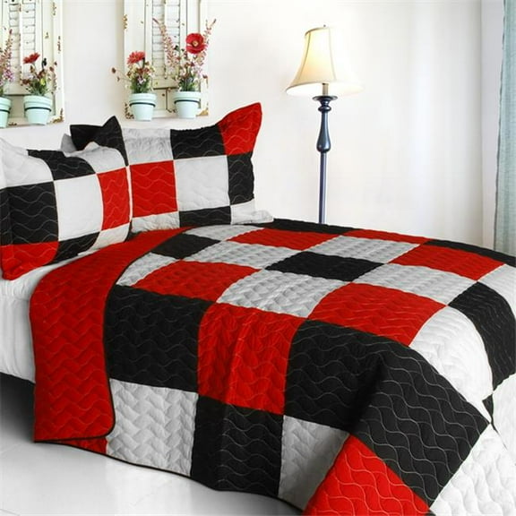 Poker King - 3 Pieces Vermicelli-Quilted Patchwork Quilt Set Full & Queen Size - Black