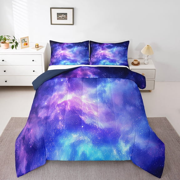 Starry Sky Bedding,Galaxy Comforter Set,Blue Purple Outer Space Constellation Down Comforter,Room Decor Quilted Duvet with 1 Pillowcase Teens Teenager Adult ,Twin Size