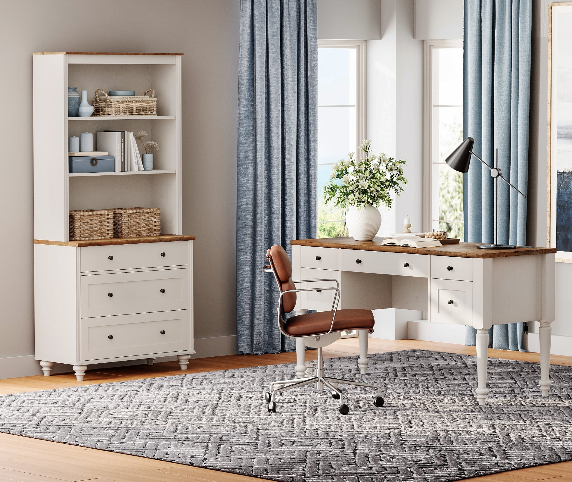 White Home Office Furniture Set, 56" Executive Desk with Charging Station, 72" Tall Bookcase with 3 Drawers, Wood Computer Desk with File Cabinet Storage, Open Shelf