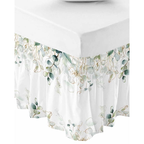 Eucalyptus Leaves Wrap Around Bed Skirts for Queen Bed 16" Drop,Bed Skirt with Adjustable Elastic Belt Dust Ruffle Bed Valance for Bedroom Hotel Watercolor Sage Green Golden Floral Bed Frame Cover