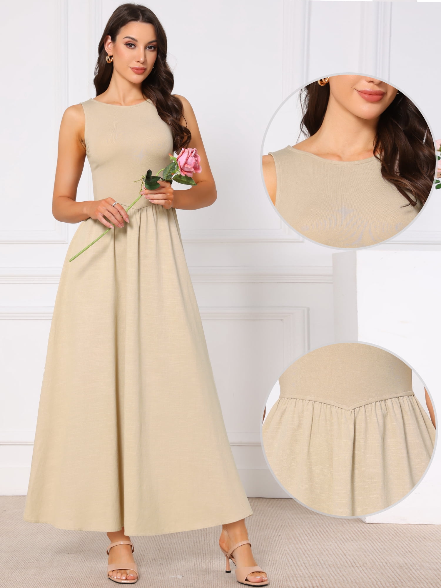 DARING DIVA Women's Sleeveless Maxi Patch Crew Neck Stretchy Tank Dress S Beige