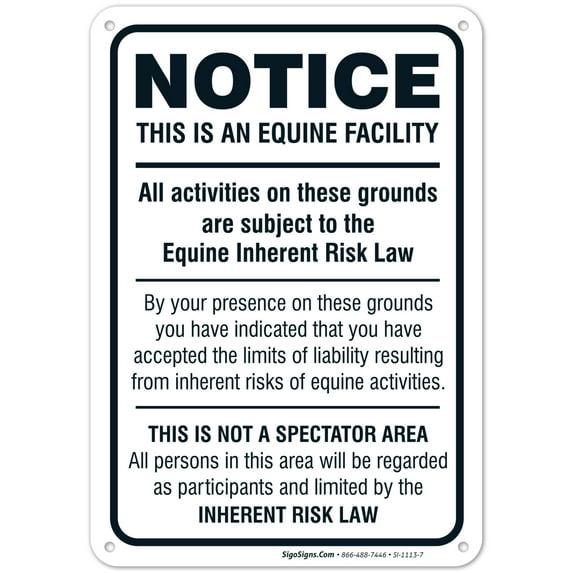 Equine Liability Sign, Statute Horse Barn Stable Farm Sign,