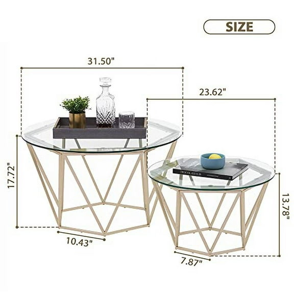 ivinta Round Nesting Coffee Table Set of 2, Modern Tempered Glass Coffee Tables for Living Room, 31.5 and 23.6 inch Accent Tea Tables with Gold Metal Frame Legs Diamon-GL (Golden)