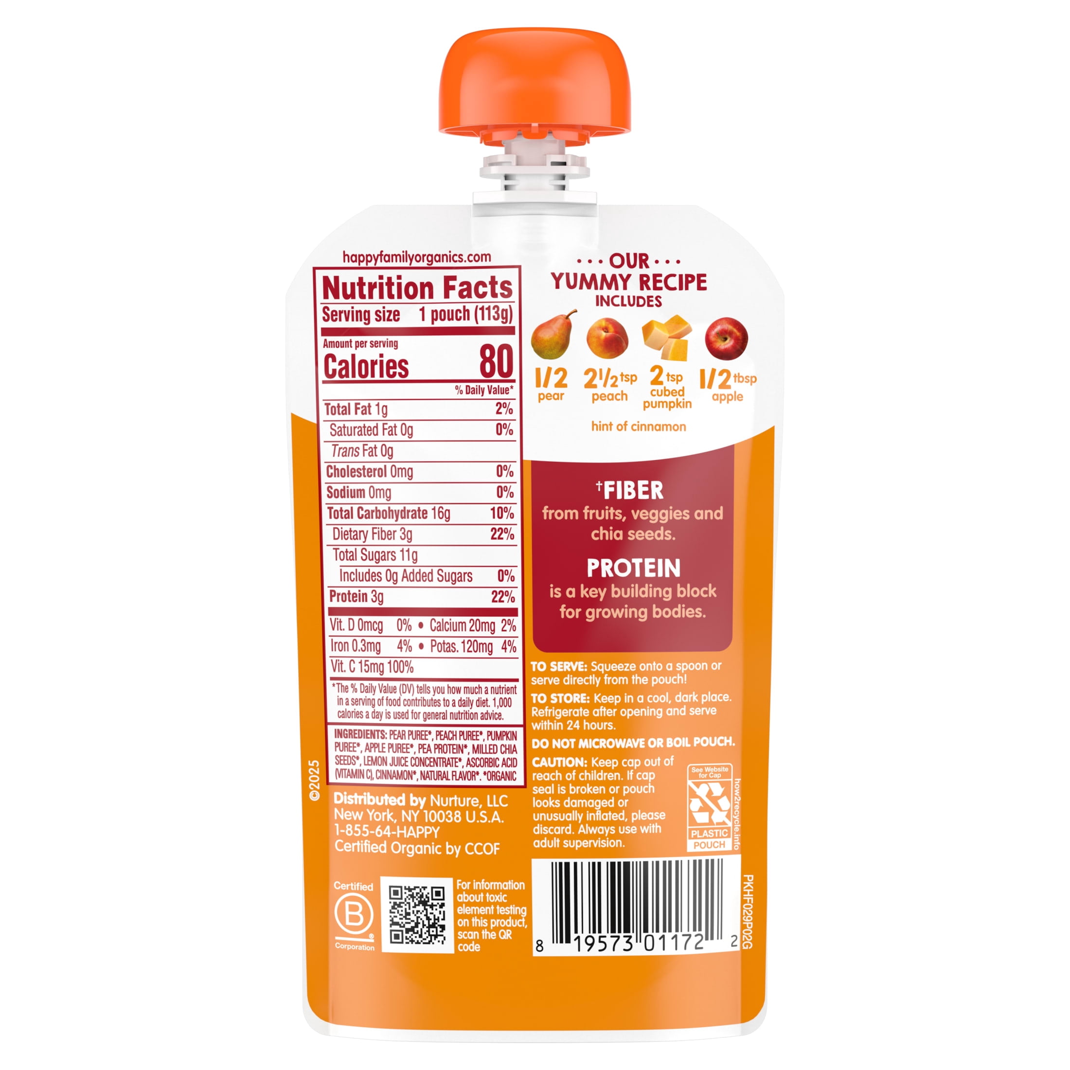 Happt Tot Organics Stage 4 Baby Food Pouch, Gluten Free, Vegan Snack, Fiber & Protein Fruit & Veggie Puree, Apples, Peaches, Pumpkin & Cinnamon, 4 oz.