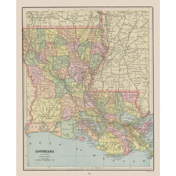 Historic State Map - Louisiana - Cram 1892 - 23 x 28.17 - Vintage Wall Art