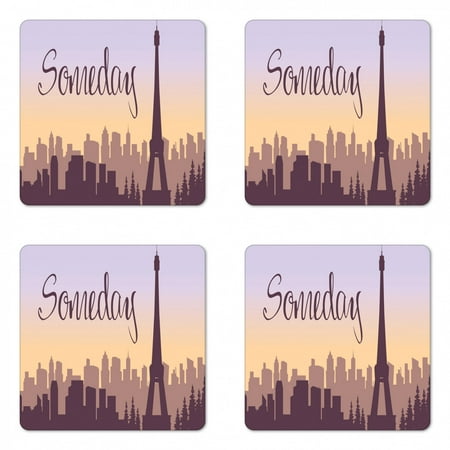 

Eiffel Tower Coaster Set of 4 Someday Calligraphy and Building Silhouettes Square Hardboard Gloss Coasters Standard Size Eggplant Purple by Ambesonne