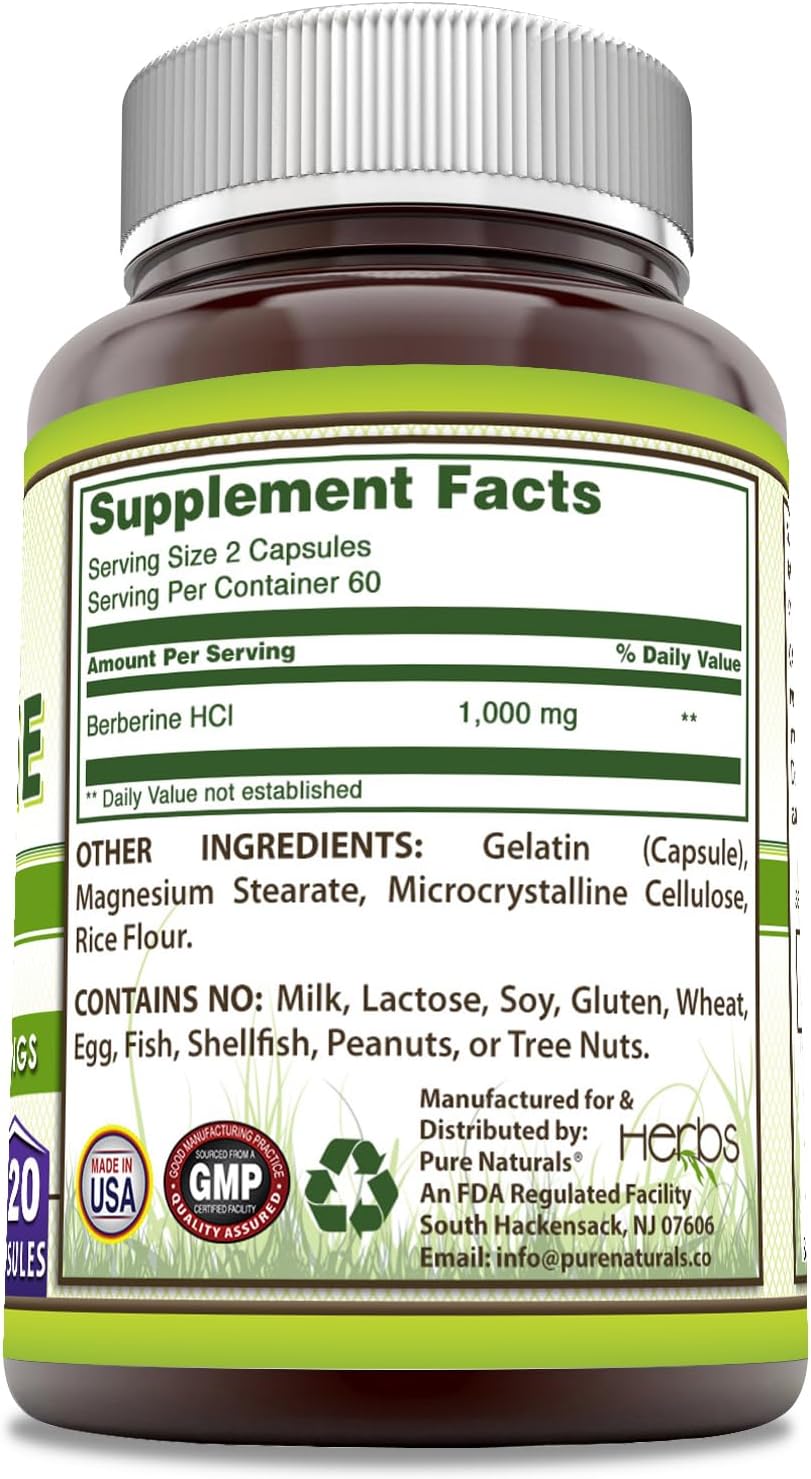 Pure Naturals Berberine 500mg Per Serving 120 Capsules Supplement | Non GMO | Gluten Free