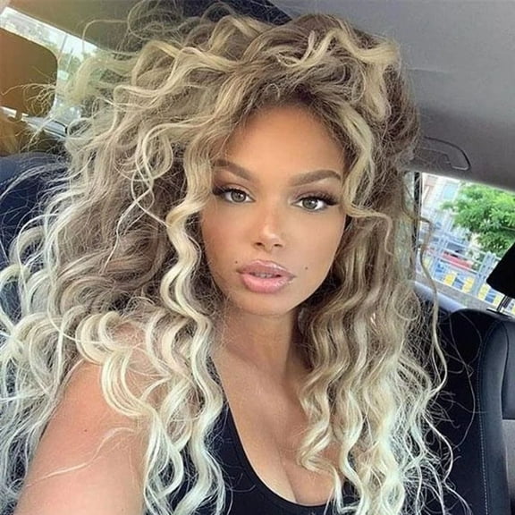 Mictong 26 inch long curly hair wig, synthetic wig, naturally fluffy and long wig, fashionable natural rubber free wig, soft high-temperature silk curly hair wig, 1 piece, gray gold color