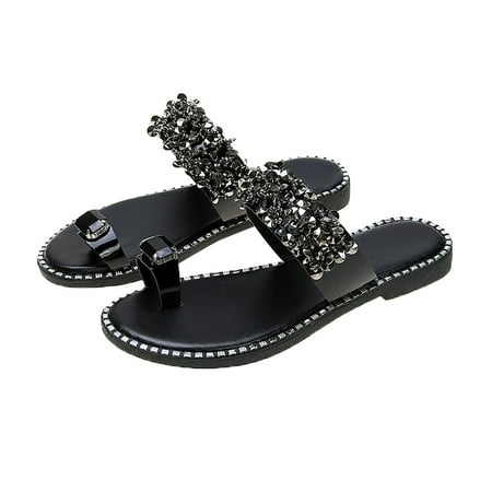 

CYMMPU Women s Slippers Women Shoes Solid Color Rhinestone Women s Low-heeled Sandals Fashion Flip Flop