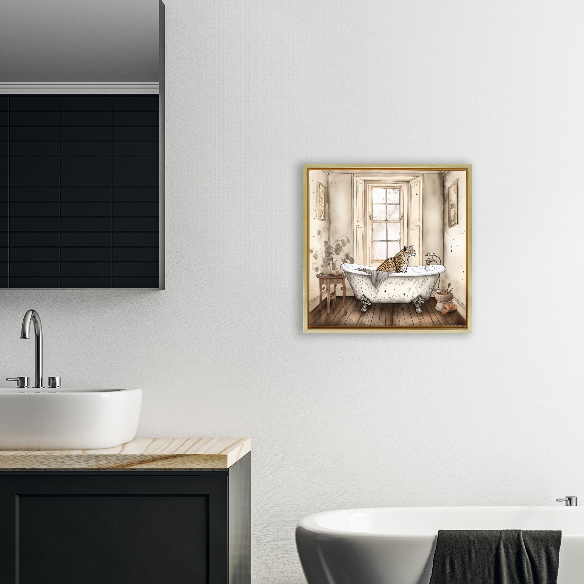 Neutral Leopard Bathtime Gold Framed Floater Canvas Wall Art, design by Sasha