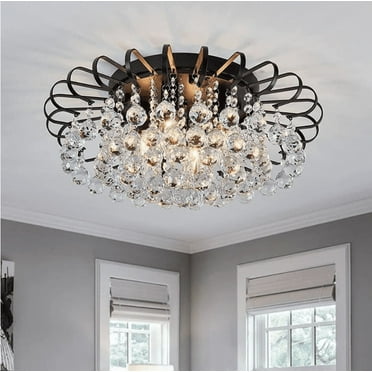 FINE MAKER 23.6" Crystal Floral Chandelier 6-Light Antique Modern Black Flush Mount Raindrop Crystal Ceiling Lighting Fixture Chandelier