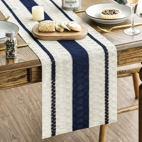 Sm:)e Dark Blue Farmhouse Woven Rustic Hollow Table Runner, Boho Table Runner, Dining Kitchen Home Decor, 12x120 Inch