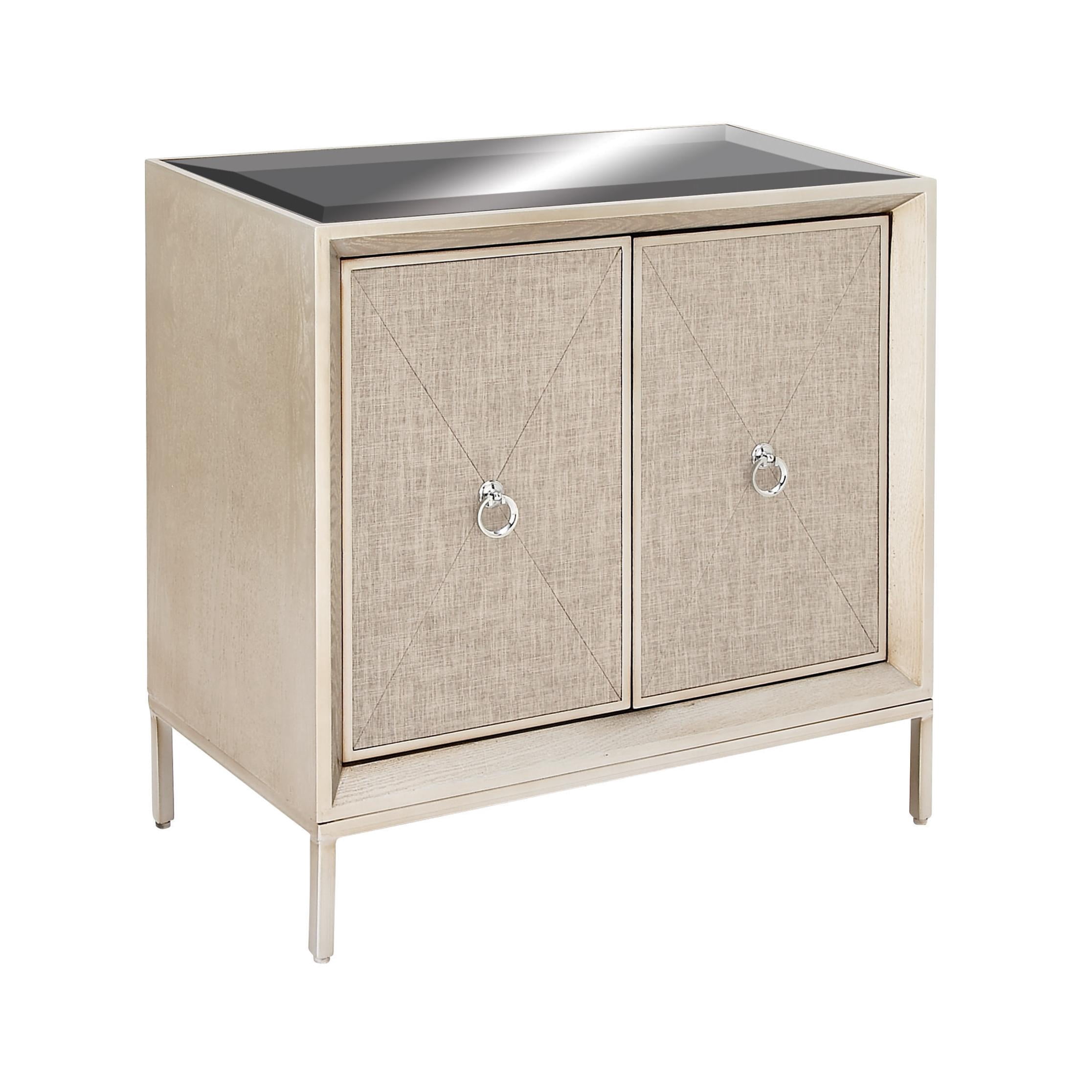 DecMode 32" x 32" Beige Wooden Upholstered Front Panel 2 Door Cabinet with Mirrored Top and Ring Handles, 1-Piece