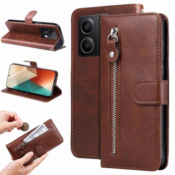 Estuche de Cuero PU con Cierre para Xiaomi Redmi Note 13 5G , Funda Protectora con Billetera y Correa