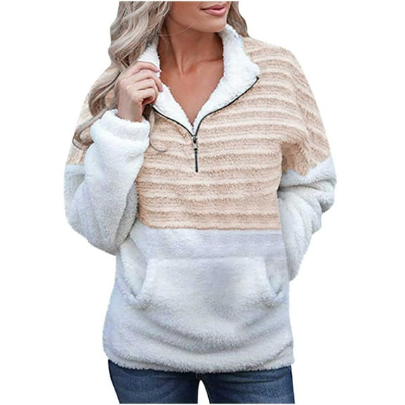 Womens Fuzzy Fleece Half Zip Sweatshirt Warm Winter Color Block Long Sleeve Coat Cozy Plush Outwear with Pockets Ladies Clothes