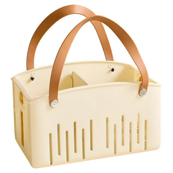 Cream Plastic Shower Storage Basket, Foldable Portable Shower Caddy with Leather Handle, Removable Divider, Quick Drying for College Dorm Room Bathroom, 11 x 2.8 x 7.1 in