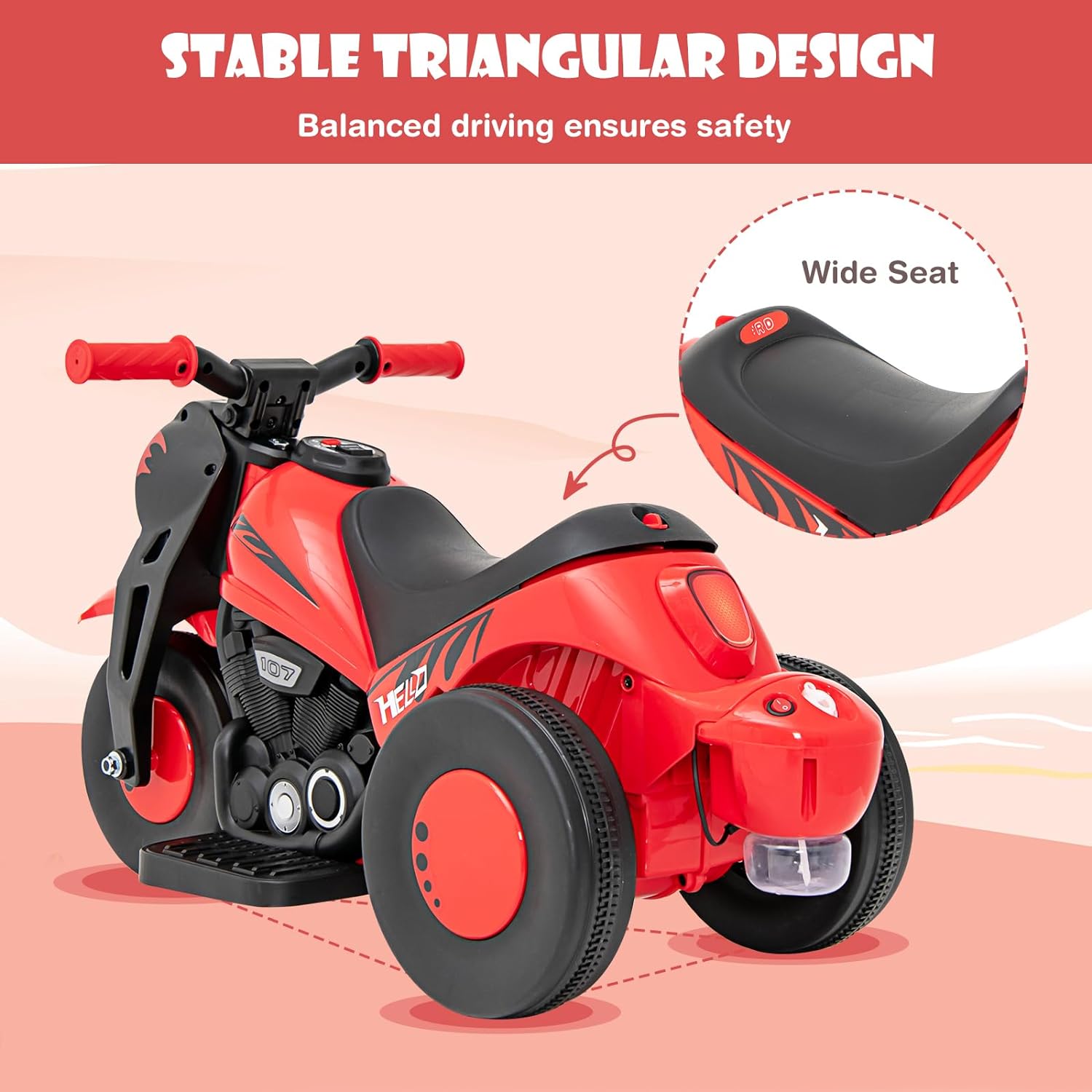 OLAKIDS Kids Motorcycle, 6V Electric Ride On Car with Automatic Bubble Function, Foot Pedal, Headlight, Music, 3 Anti-Skip Wheels Vehicle for Children, Toddler Ages 3+ (Red)