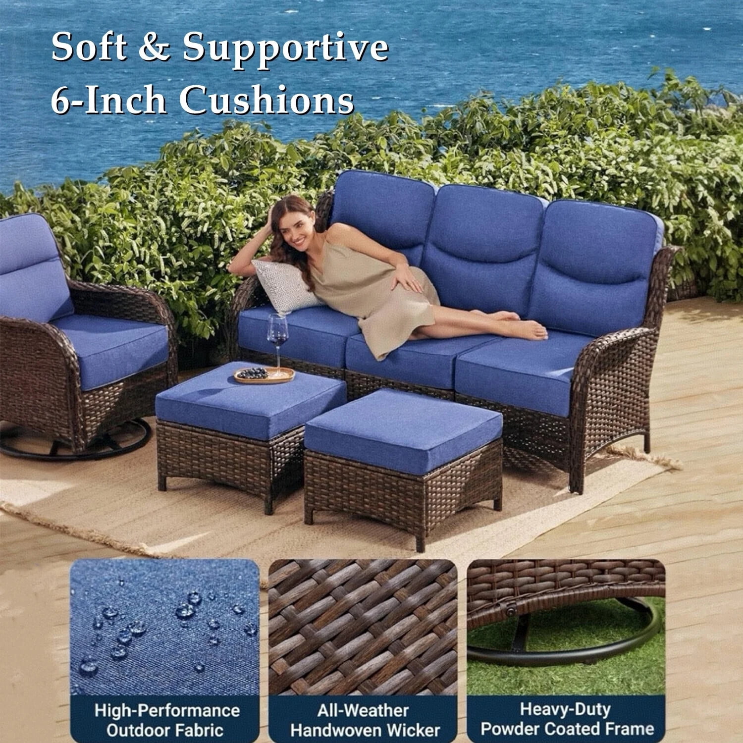 Bellefurn 6 Pieces Luxury Outdoor Patio Furniture Sets Outdoor Conversation Sets with Swivel Rocker Patio Chairs with 6" Thick Cushion,Sofa and Glass Coffee Table for Porch Deck Backyard Poolside