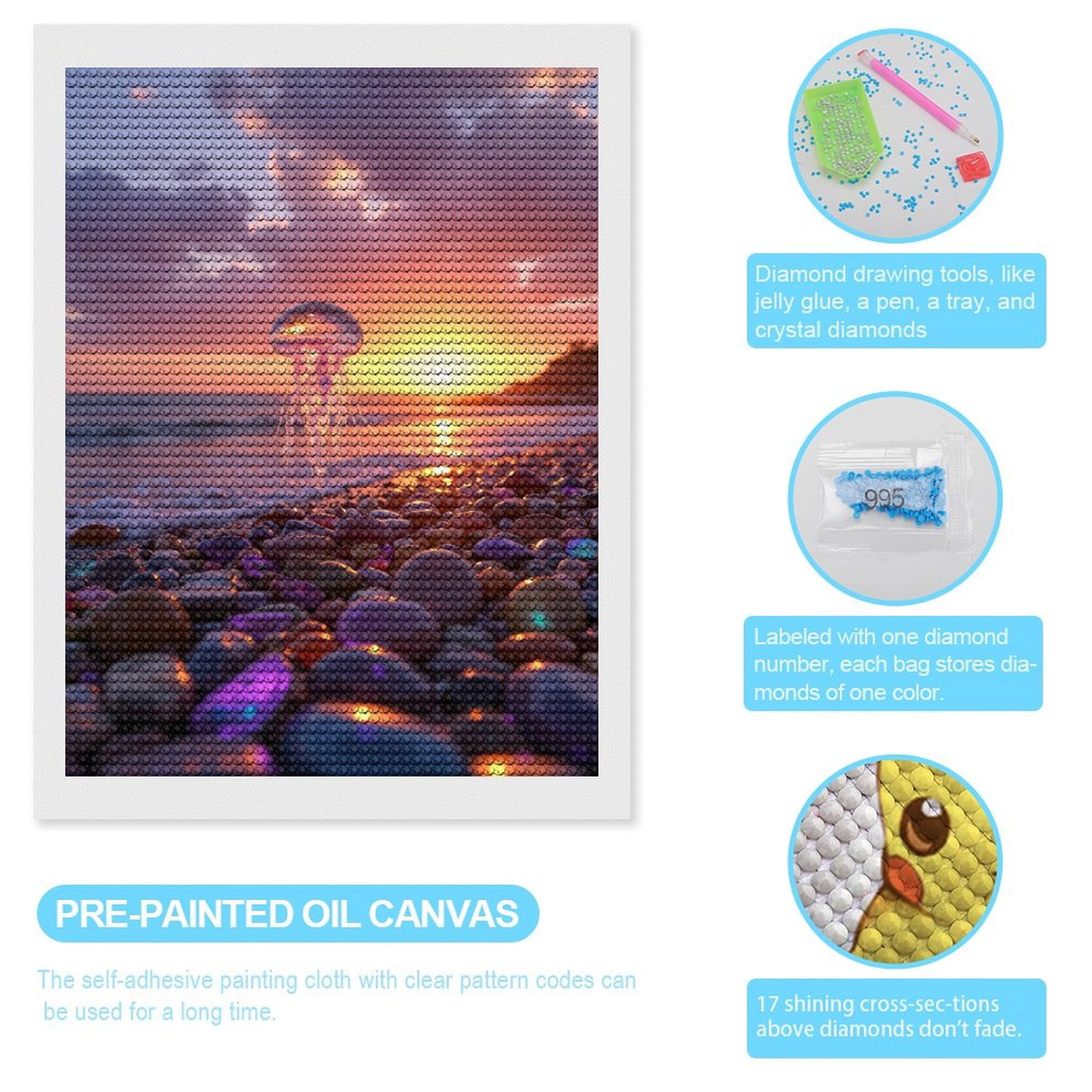 Diamond Art Kits for Adults, Jellyfish Sunset Beach Pebbles Ocean 5D Diamond Painting Kits for Adults Beginners, DIY Full Drill Diamond Painting, Gem Art and Crafts 12x16