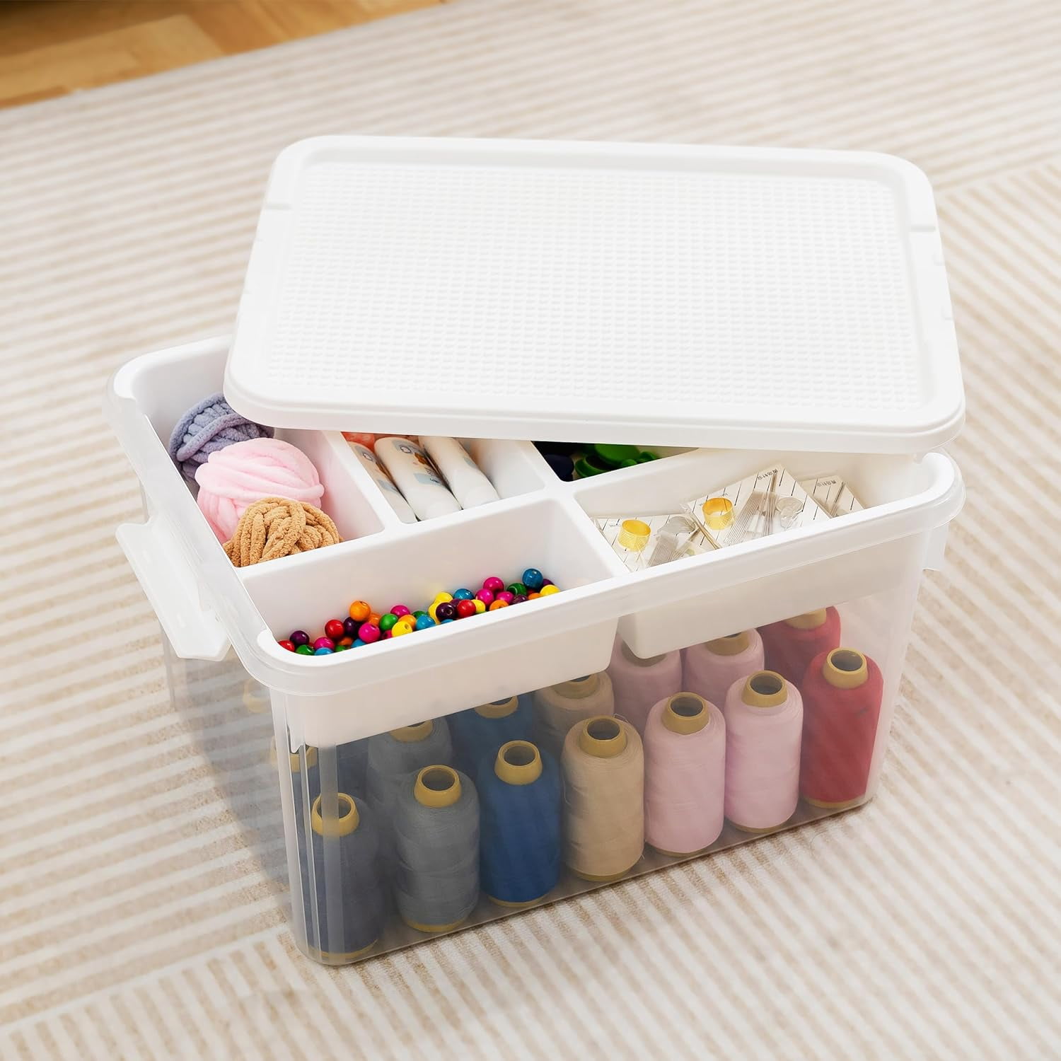 32 Qt Storage Bins with Building Baseplate Lid and Removable 6 Grids Tray Plastic Clear Storage Container for Building Brick Toy Bead Tool Sewing Craft 1 Packs White Lid