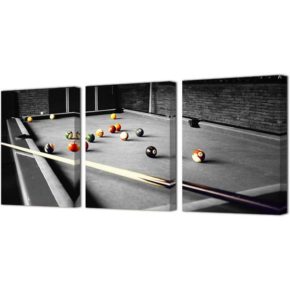 Billiards Pictures Art Print on Canvas Pool Room Wall Decor Framed Prints Gallery Wrap Ready to Hang 12x16inchx3Panels