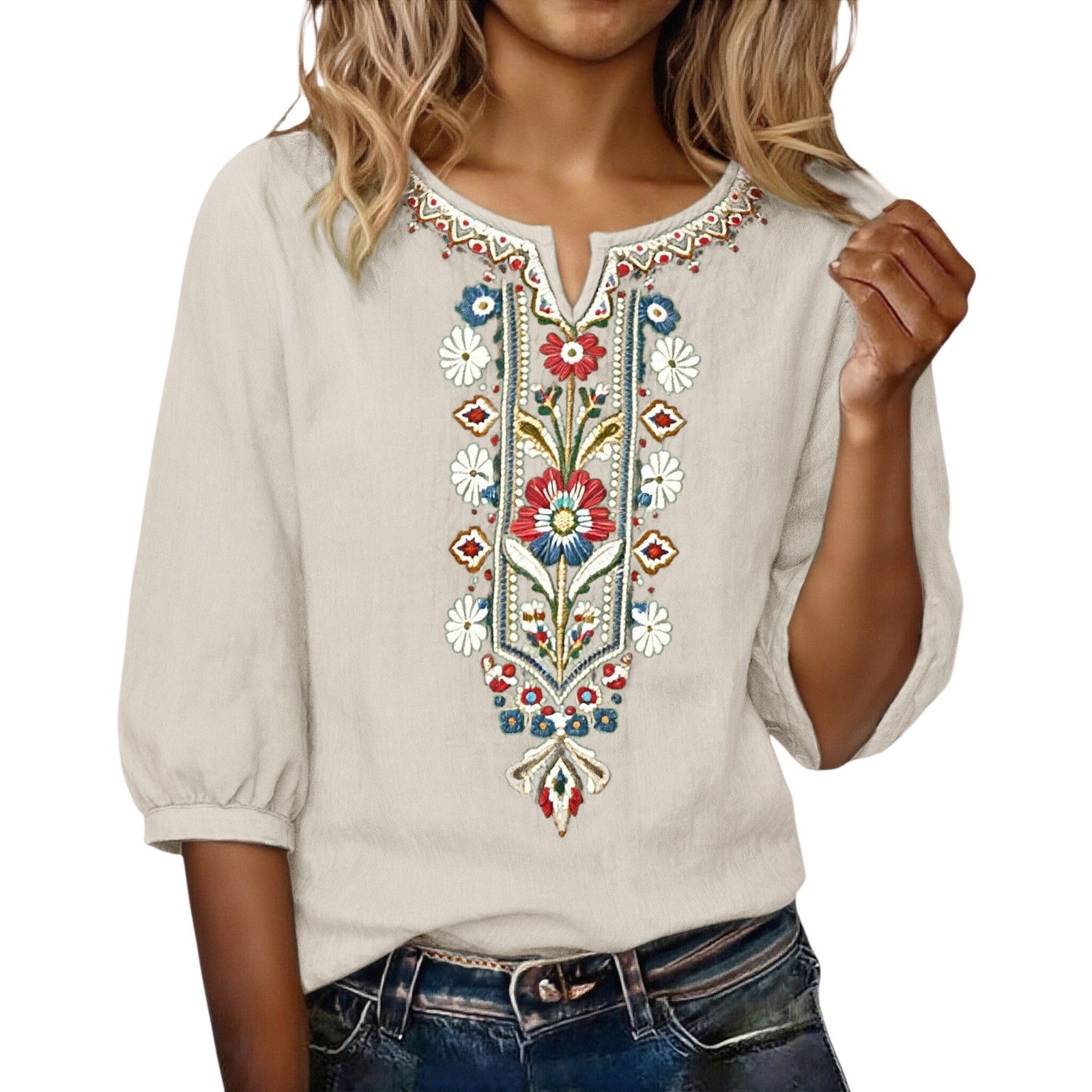 Vinsonshop Embroidered Cotton Linen Tops for Women Summer Gauze Shirts Peasant Tops Retro Embroidered Boho Tunic Summer Clothes Short Sleeve Shirts Elegant Summer Tops for Teens (M-3XL)