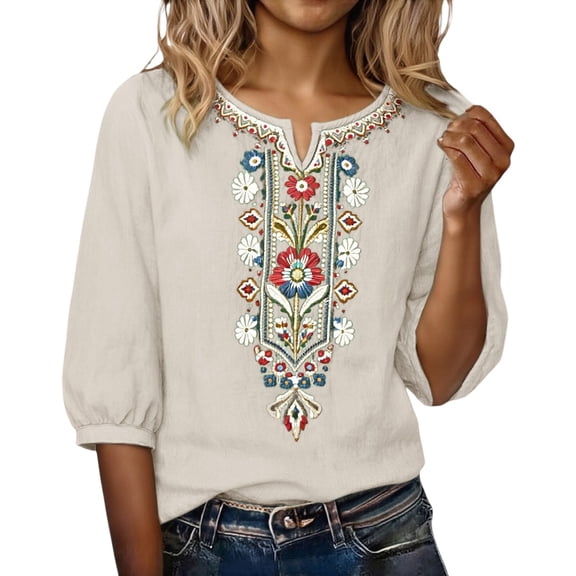 Helii T Shirts Women V Neck Cotton Linen 3/4 Sleeve Casual Tee Tops Comfys Fit Boho Floral Embroidered Blouses Fashion Summer Travel Outfits M-3XL Beige