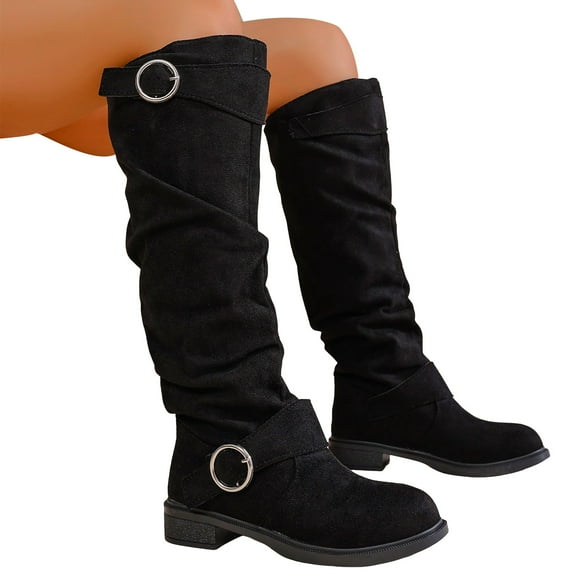 Rokment Slouch Knee High Boots for Women 2025 Fall Winter Fashion Casual Buckles Suede Chunky Low Heel Wide Calf over The Knee Long Tall Dress Boots Black Size 5.5
