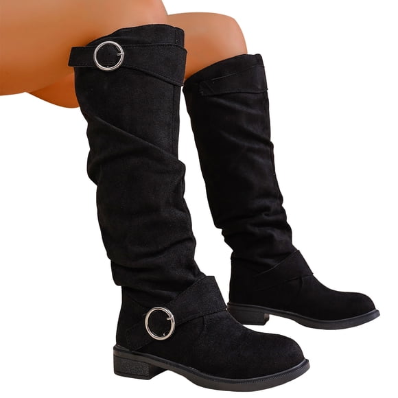 Rokment Slouch Knee High Boots for Women 2025 Fall Winter Fashion Casual Buckles Suede Chunky Low Heel Wide Calf over The Knee Long Tall Dress Boots