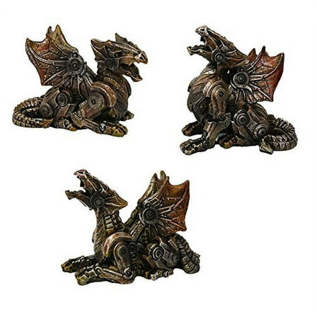 Set Of Three Steampunk Mechanical Robotic Cyborg Winged Dragon Figurine Statues