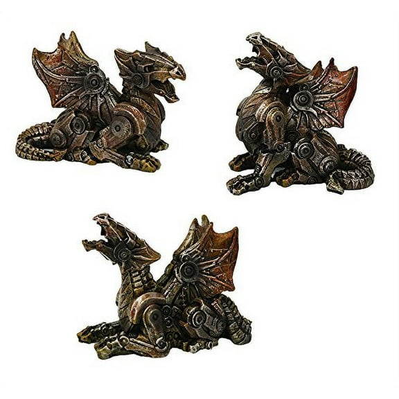 Set Of Three Steampunk Mechanical Robotic Cyborg Winged Dragon Figurine Statues