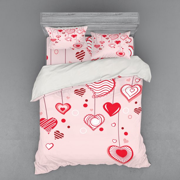 Love Duvet Cover Set, Contour Hearts Hanging on Strings Romantic