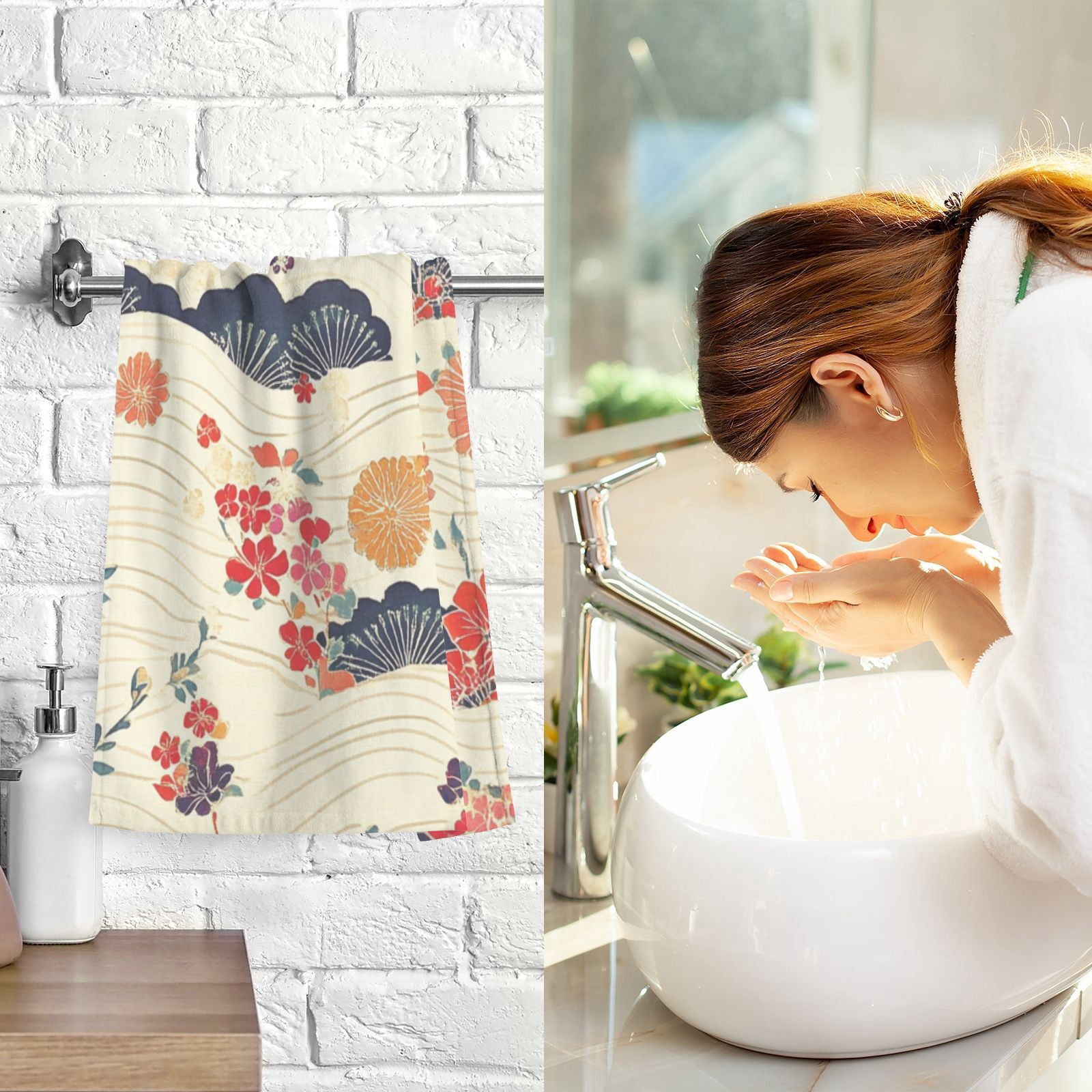 Bohemia Lines Flowers Hand Towels Cotton Bath Towels Large Face Towels Absorbent for Bathroom 2 Packs