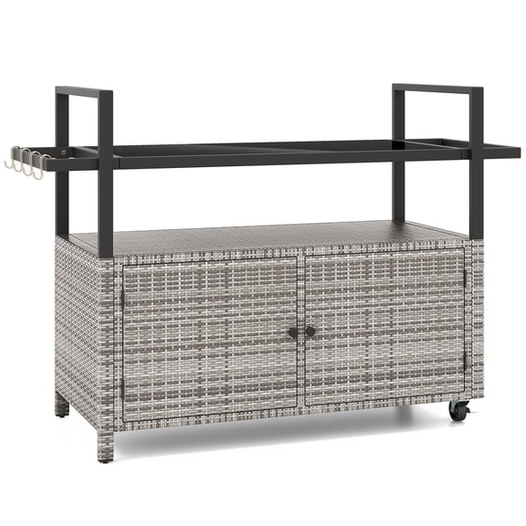 Biotree Outdoor Wicker Bar Cart with Cabinet and 8 Hooks Rolling Patio Serving Cart for Backyard Entertaining, Gray