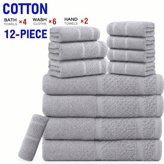 12pcs Multi-Color Cotton blend Towels Set Suitable for Bath, Shower, Gym & Spa - 4 Bath Towels, 2 Hand Towels, 6 Washcloths | Soft Absorbent Blended Bathing Sheets for, Travel, Hotel, Wash Cloths