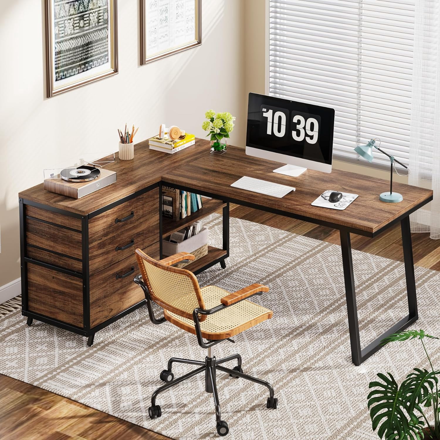 Tribesigns Reversible L-Shaped Computer Desk with 3 Drawers, Corner Desk Home Office Desk with Shelves