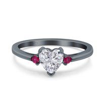 Black Tone, Simulated Cubic Zirconia Size-8 Art Deco Heart Three Stone Wedding Bridal Ring Round Ruby CZ 925 Sterling Silver