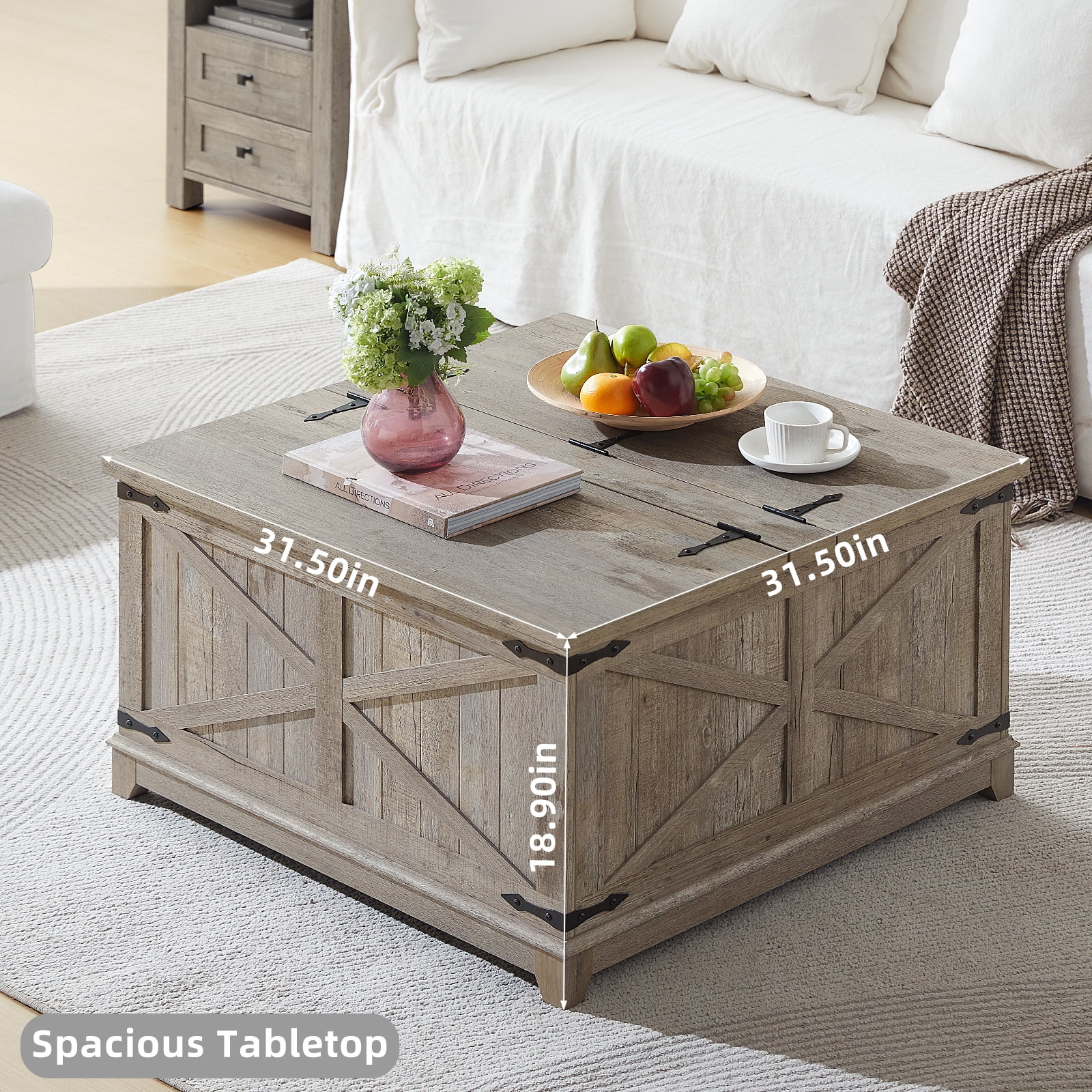 31.5" Large Farmhouse Lift Top Coffee Table, Square Living Room Table with Large Hidden Storage, Multi-Function Lift Wooden Barn Door Center Table, Grey Oak