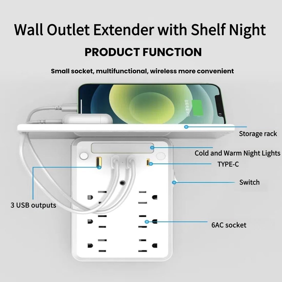 Wall Outlet Extender with Shelf Night Light, 2025 New Multi-Plug Outlet Splitter with Detachable Mobile Storage Rack with USB Ports