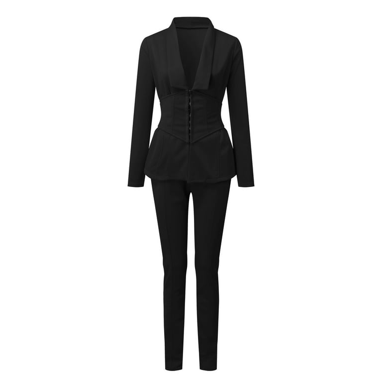 Baocc Suits Women's Two Piece Lapels Suit Set Office Business Long Sleeve  Formal Jacket Pant Suit Slim Fit Trouser Jacket Suit with Waist Belt Suit  Black 