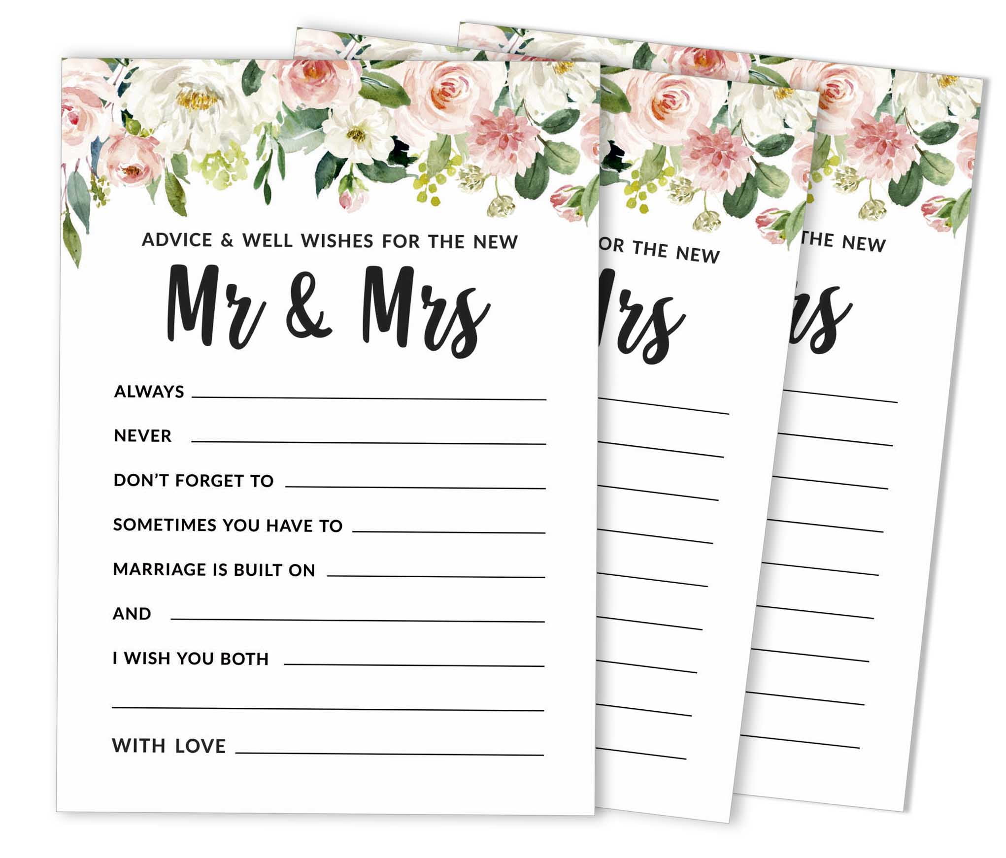 Inkdotpot Pack Of 50 Floral Advice Cards, Wishes For The Bride and Groom, Mr  and Mrs Wedding Guest Game Activity 5x7 inches - Walmart.com
