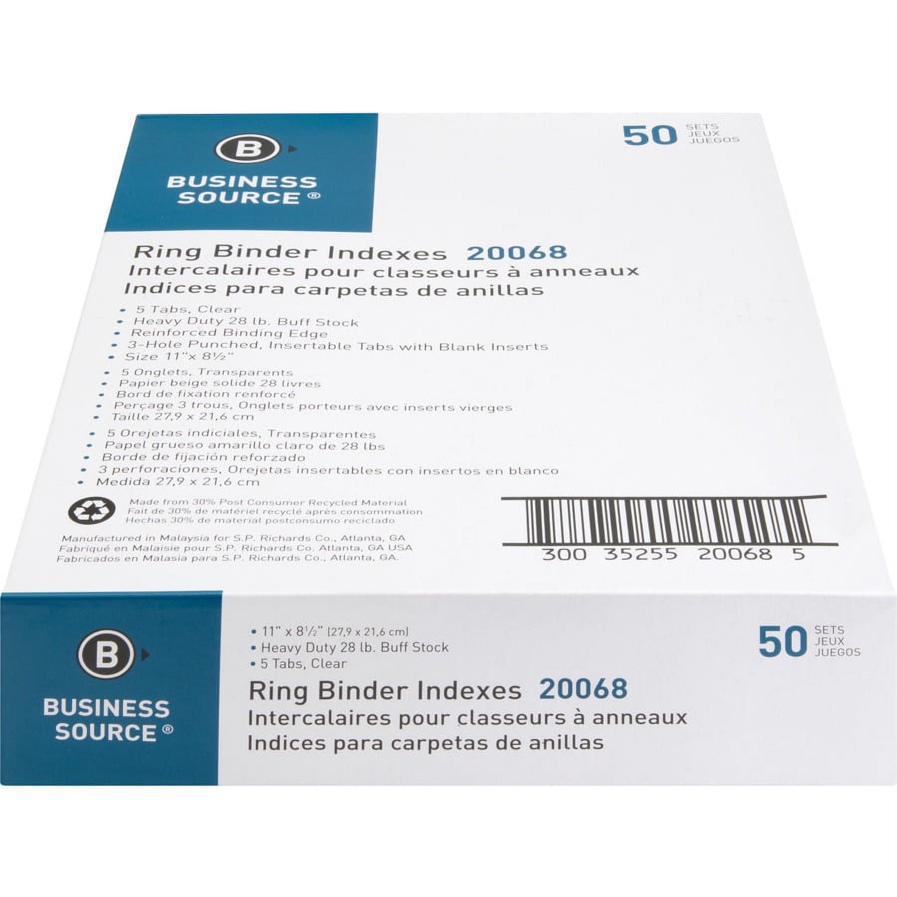 Business Source Buff Stock Ring Binder Indexes - 5 X Divider(s) - Blank Tab(s) - 5 Tab(s)/set2" Tab Width - 8.5" Divider Width X 11" Divider Length - Letter - 3 Hole Punched - Buff Buff Paper Divider
