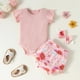 thumbnail image 2 of IROINID Clearance Neutral Crossover Onesies Baby Girls Cute Flowers Print Ruffles Short Sleeve Romper Shorts Pants Bow Suit,Purple, 2 of 9